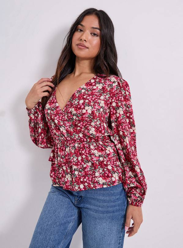 DOROTHY PERKINS Petite Pink Ditsy Wrap Front Frill Detail Printed Blouse 14